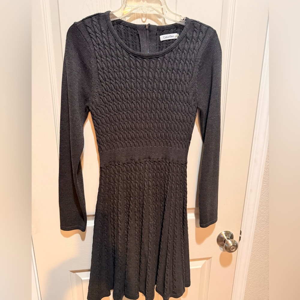 CALVIN KLEIN -Dark Grey Textured Sweater‎ Knit Fit & Flare Dress Long Sleeves M